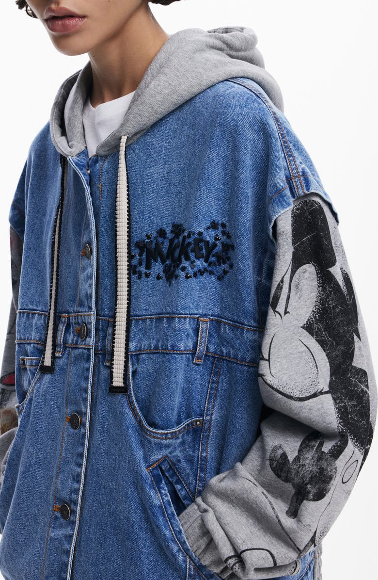 Desigual Mickey Mouse Hooded Denim Trucker Jacket, Alternate, color, Medium Blue