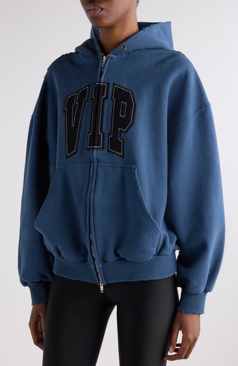 Balenciaga Shifted VIP Distressed Cotton Zip-Up Hoodie, Alternate, color, 5002 Dark Blue