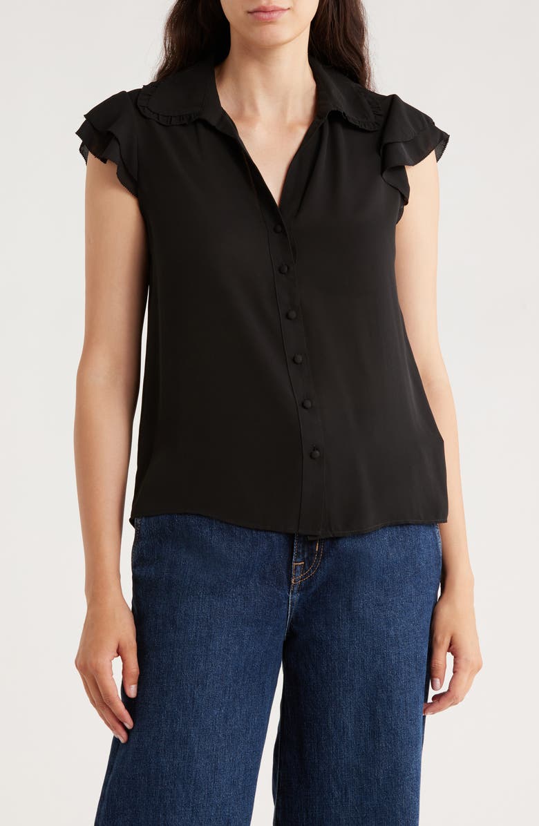 T Tahari Tiered Flutter Sleeve Button-Up Shirt, Main, color, Black