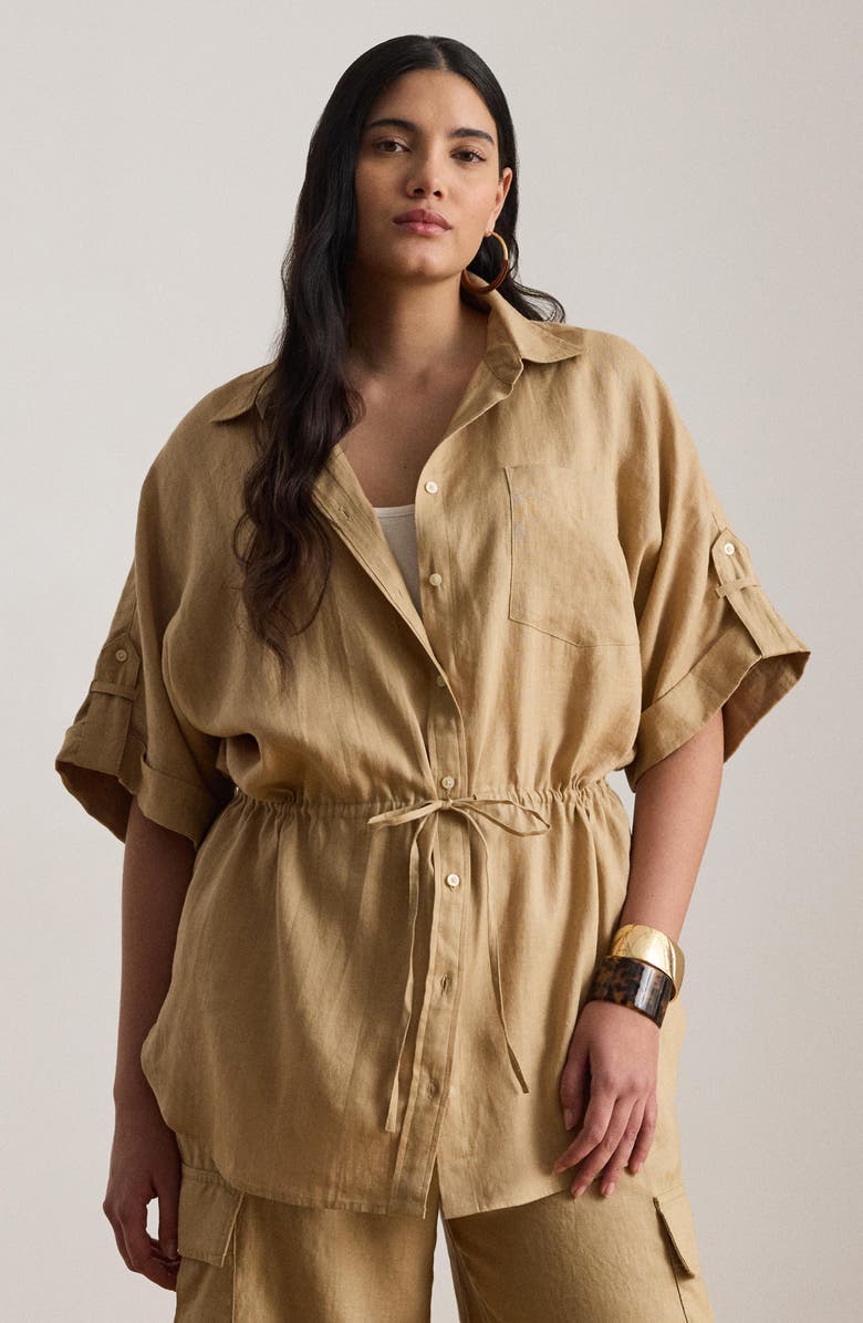 Lauren Ralph Lauren Short Sleeve Linen Tunic, Alternate, color, Birch Beige