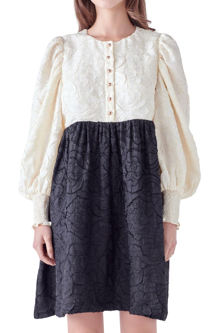 Floral Textured Long Sleeve Dress, Alternate, color, IVORY/ BLACK