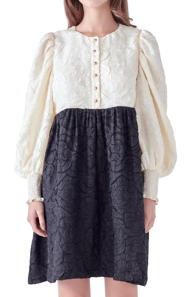 English Factory Floral Textured Long Sleeve Dress, Alternate, color, Ivory/ Black