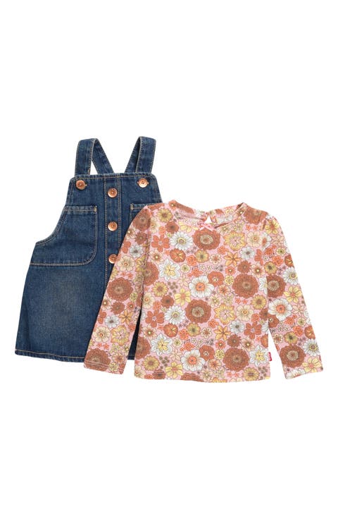 Floral Long Sleeve T-Shirt & Denim Overall Dress (Baby)
