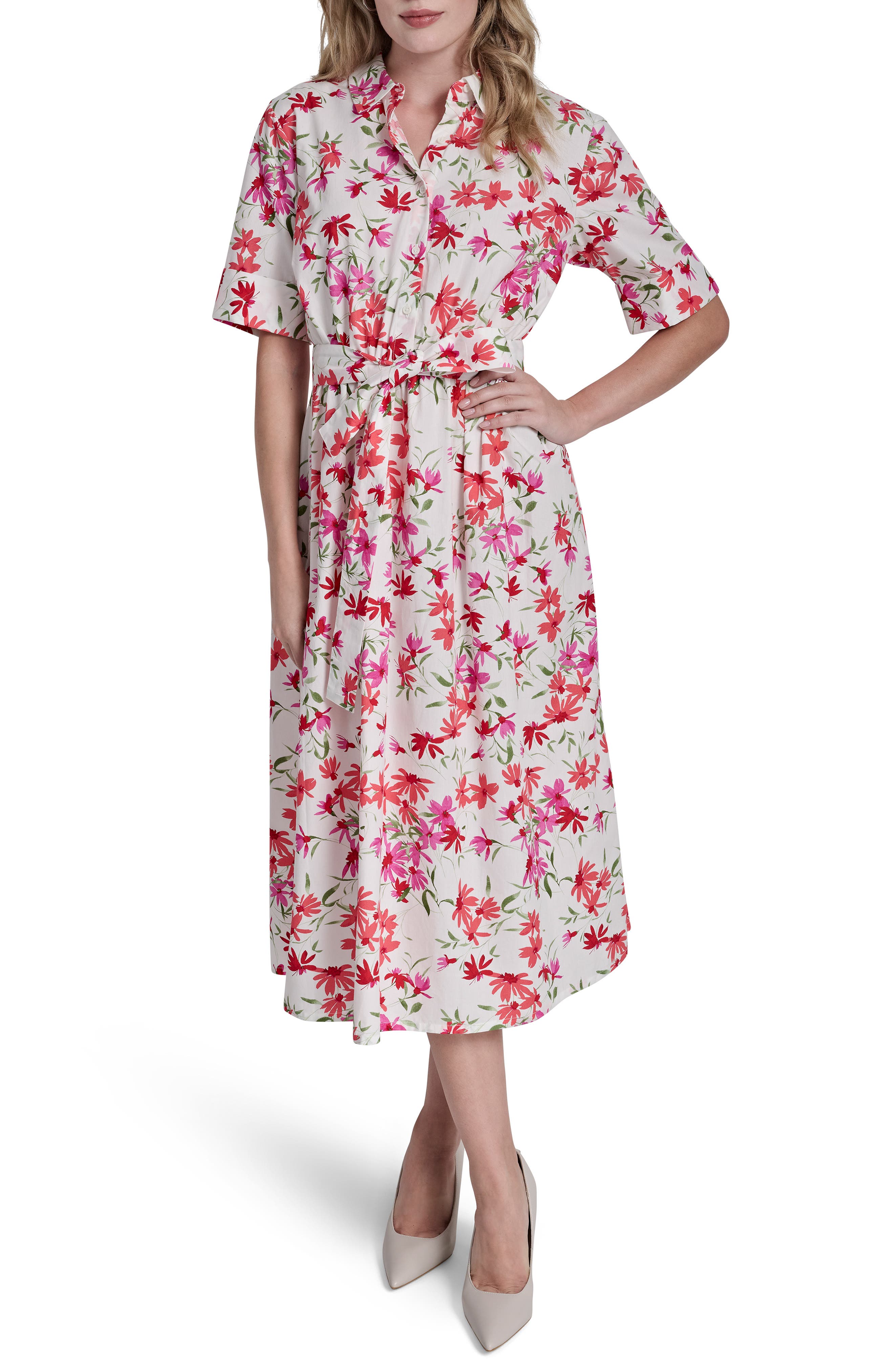 DKNY Floral Elbow Sleeve Cotton Shirtdress