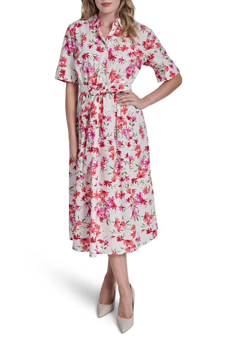 Floral Elbow Sleeve Cotton Shirtdress, Main, color, IVY/ CORAL