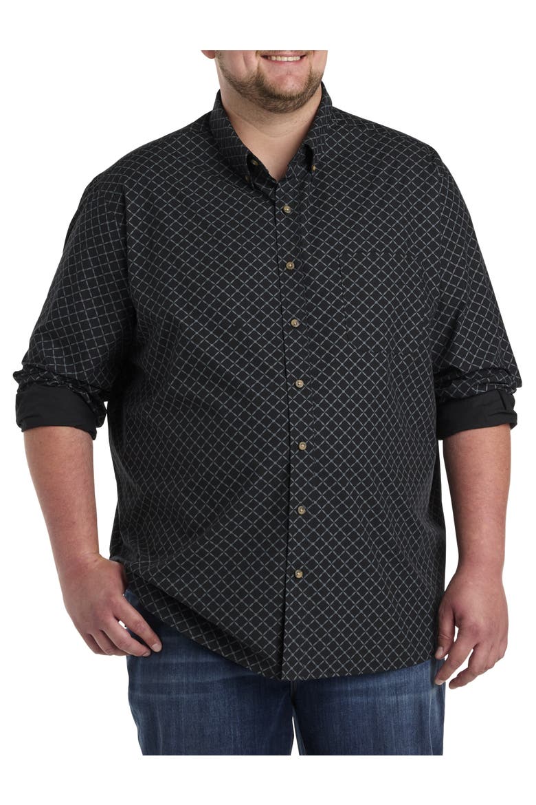 Big & Tall Easy-Care Geometric Print Sport Shirt, Main, color, BLACK