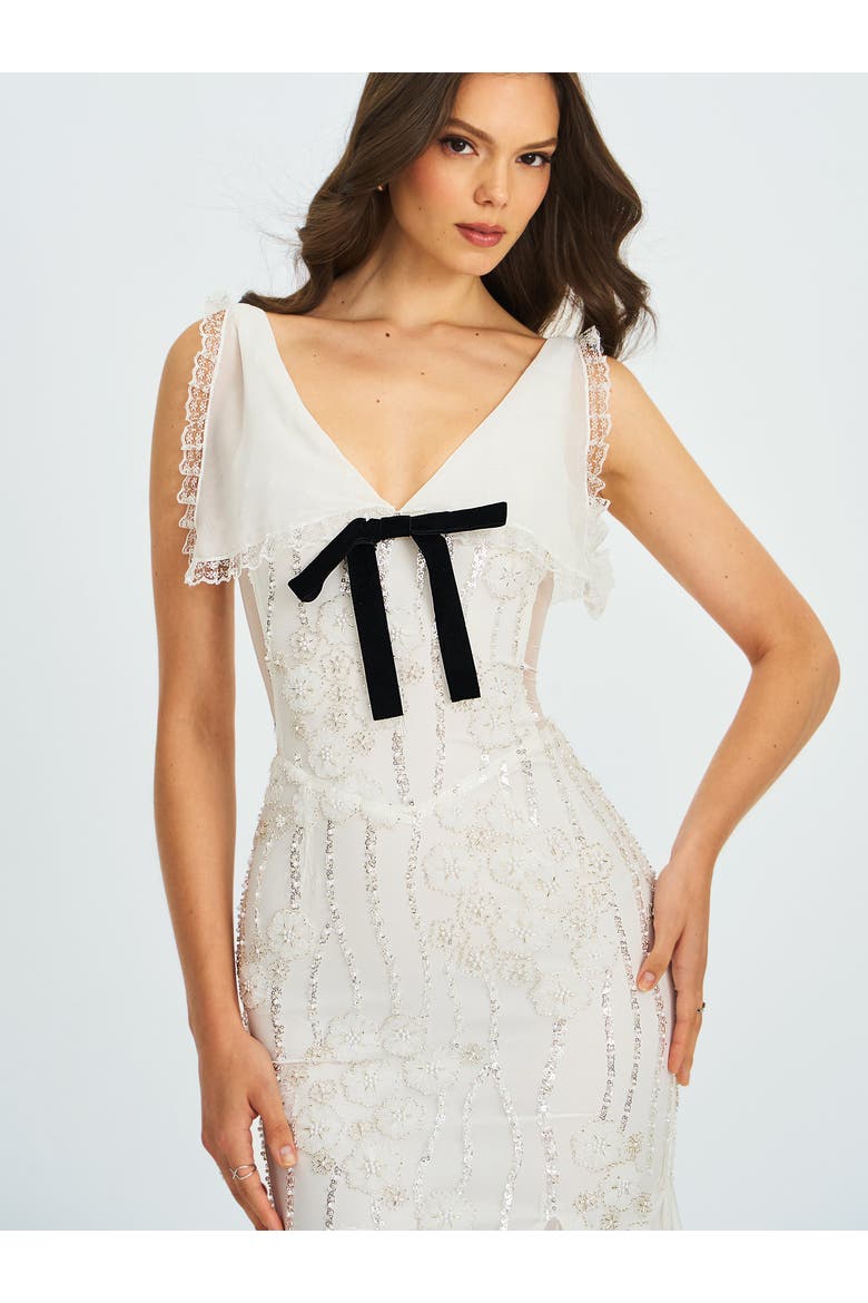 Paola Peter Pan Collar Beaded Sequin Mermaid Midi Dress, Alternate, color, White