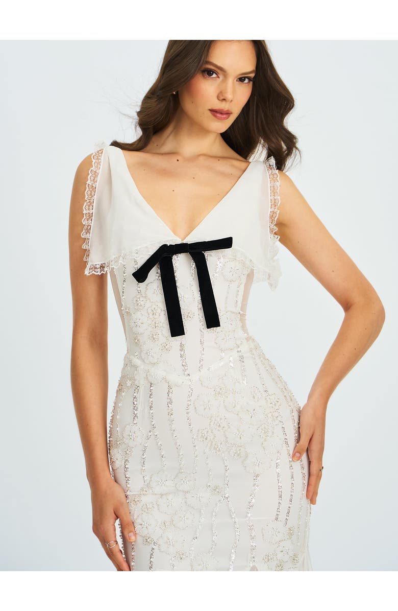 Miss Circle Paola Peter Pan Collar Beaded Sequin Mermaid Midi Dress, Alternate, color, White