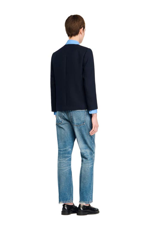 Sandro Womens Navy Blue Round-neck Side-pocket Woven Jacket In Blue