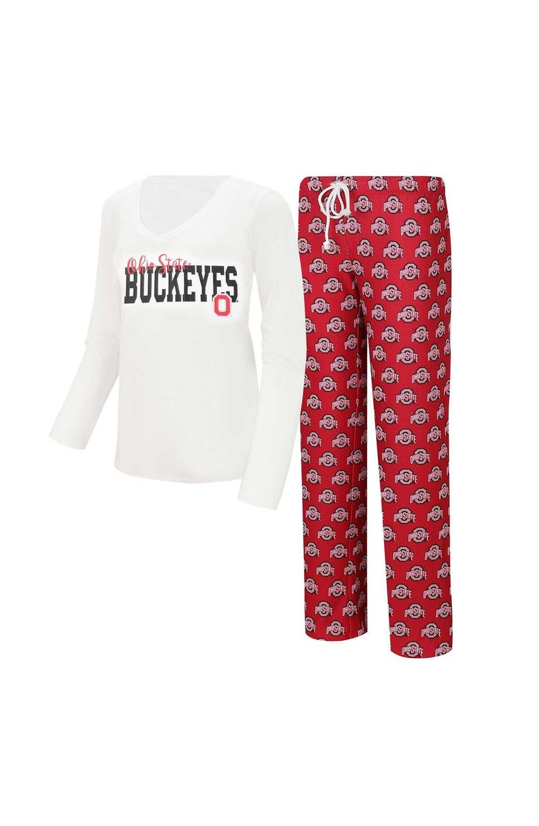 CONCEPTS SPORT Women's Concepts Sport  White/Scarlet Ohio State Buckeyes Long Sleeve V-Neck T-Shirt & Gauge Pants Sleep Set, Main, color, 