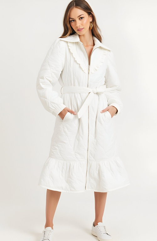 Modenaire Quilted Longline Coat With Ruffle Trim And Tie Waist Belt In White