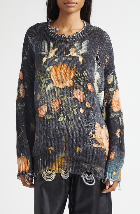 Oversize Distressed Floral Sweater