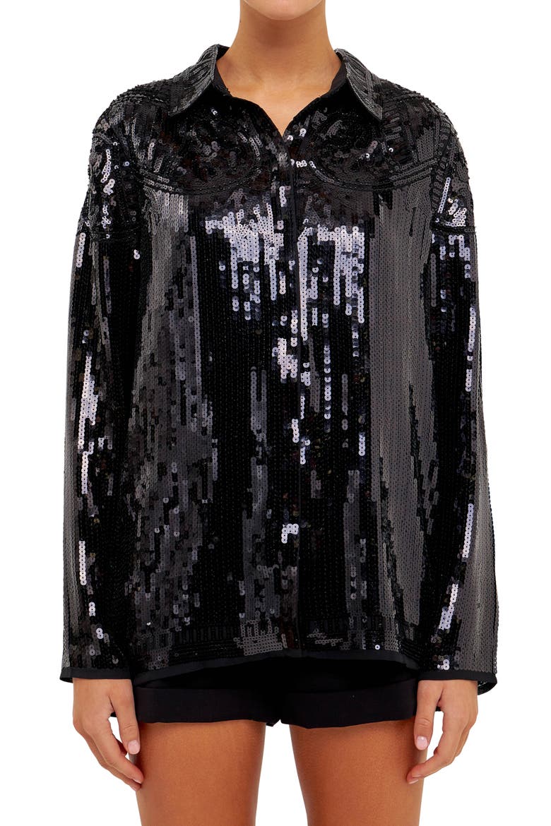 Sequin Button-Up Shirt, Alternate, color, BLACK