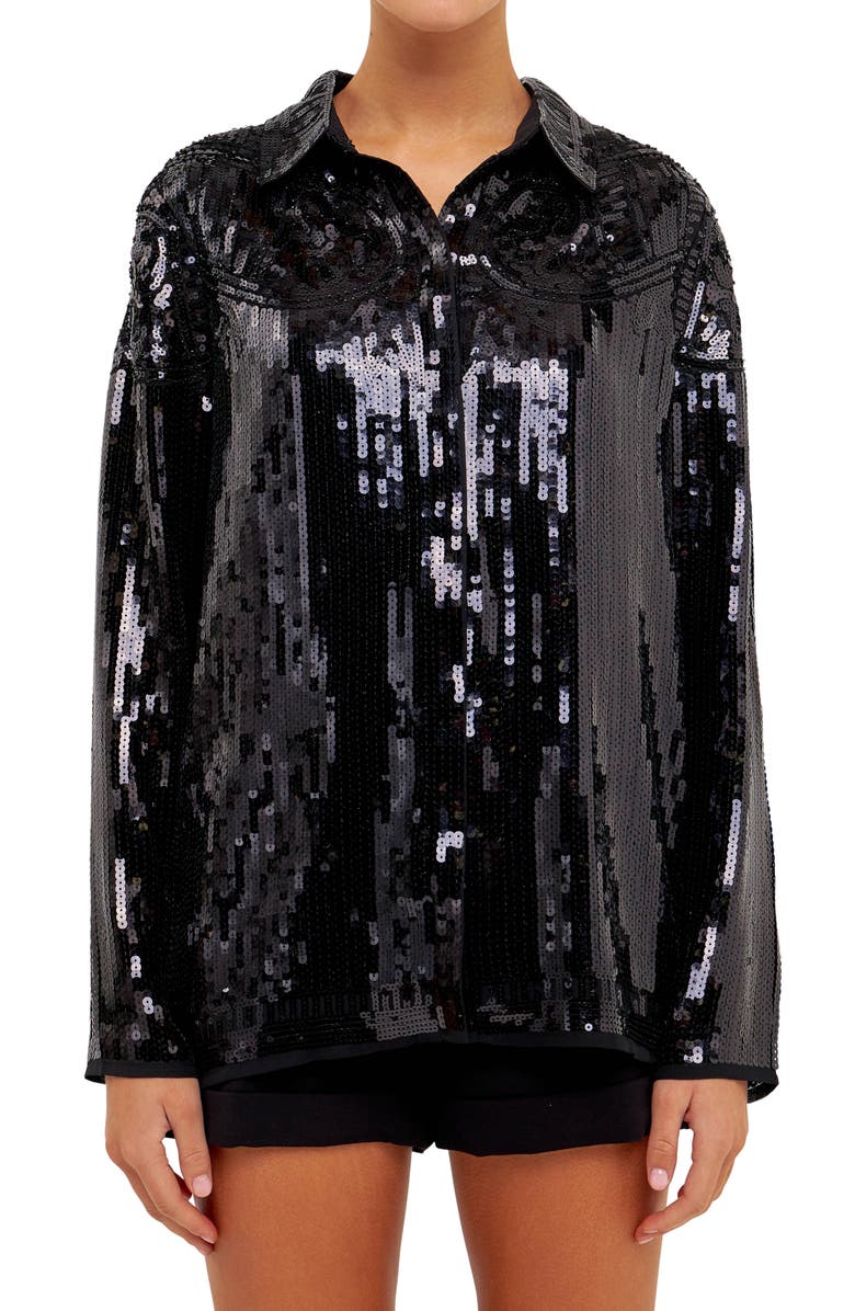Endless Rose Sequin Button-Up Shirt, Alternate, color, Black