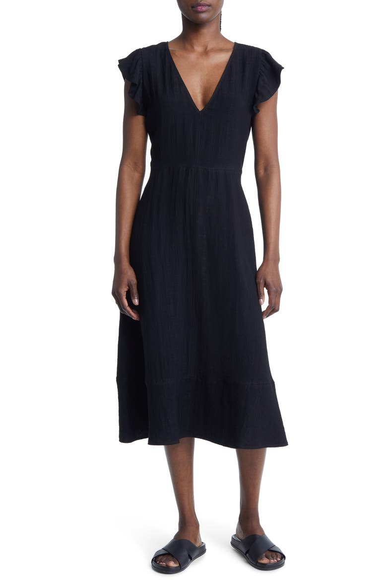 Flutter Sleeve V-Neck Midi Dress, Main, color, BLACK
