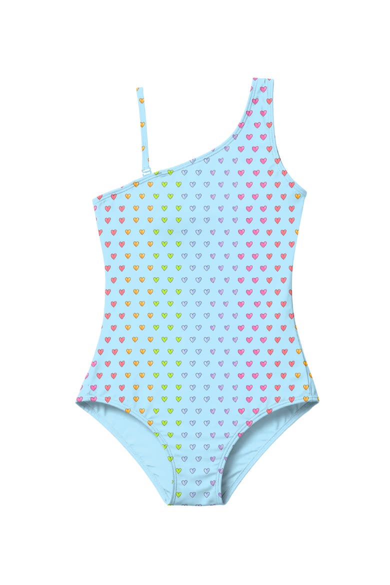 One Shoulder One Piece Multicolor Heart Printed Swimsuit, Alternate, color, Blue Multi