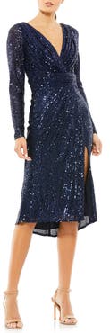 Ieena for Mac Duggal Sequined Long Sleeve Midi Dress