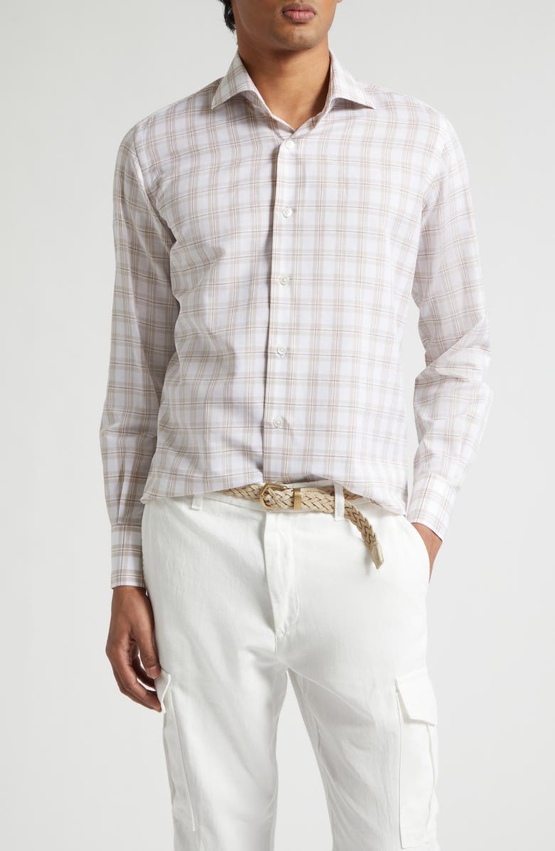 Eleventy Dandy Collar Check Cotton & Linen Button-Up Shirt, Main, color, Sand