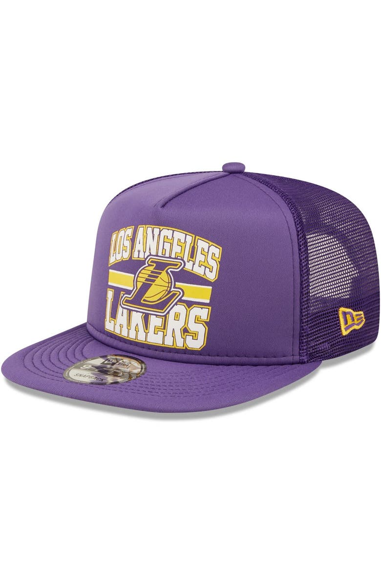New Era Men's New Era Purple Los Angeles Lakers A-Frame 9FIFTY Snapback Trucker Hat, Main, color, 