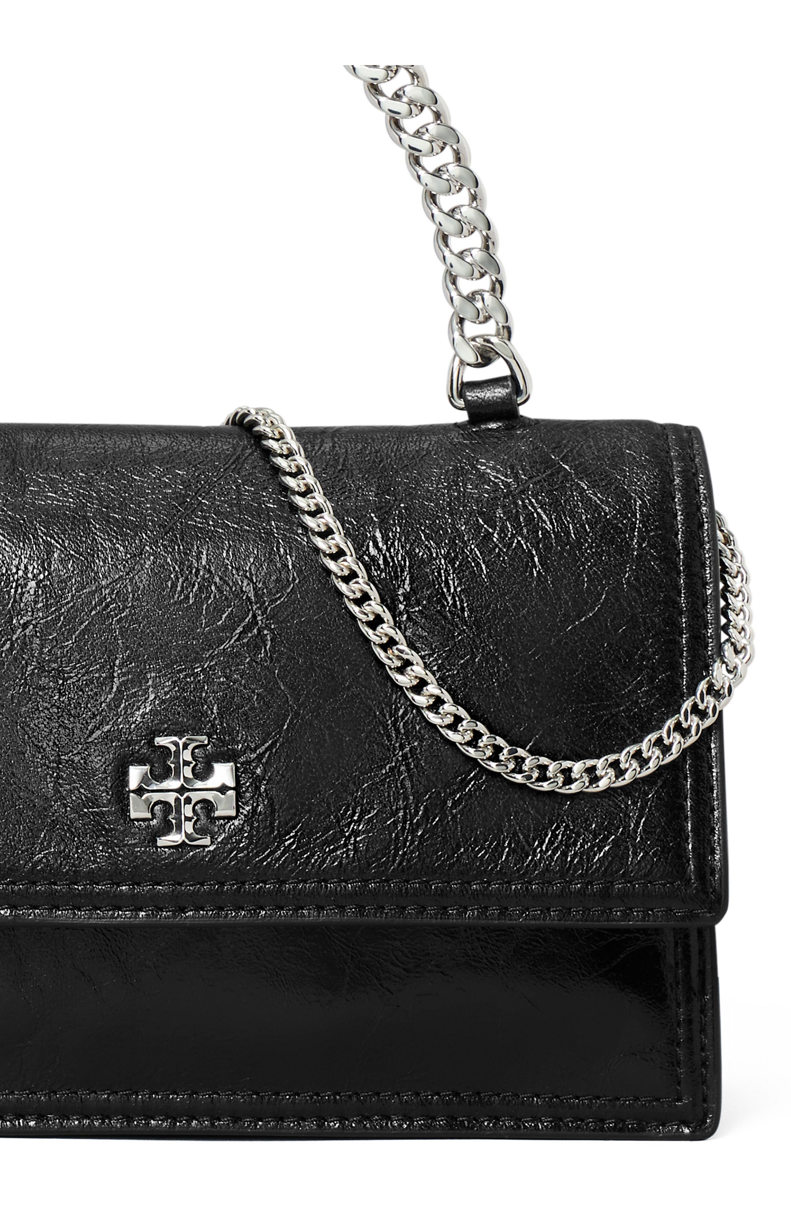 Tory Burch Kira Distressed Mini Top Handle Wallet on a Chain, Alternate, color, Black