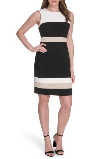 Tommy Hilfiger Sleeveless Colorblock Scuba Sheath Dress In Black