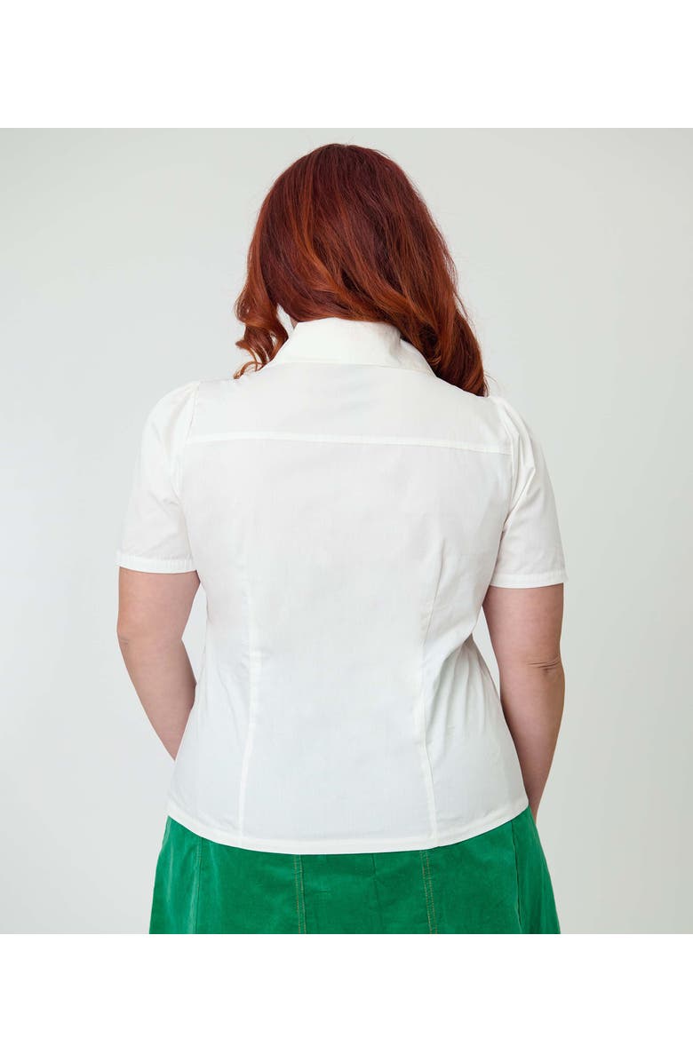 Unique Vintage Plus Size 1940s Short Sleeve Collared Button Down Woven Blouse, Alternate, color, White W/ Orange & Mouse