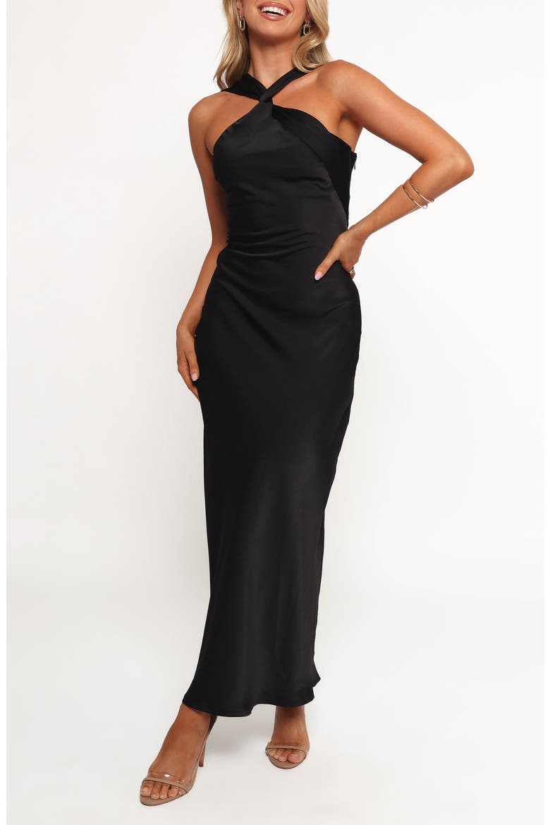 Donata Satin Evening Dress, Main, color, BLACK