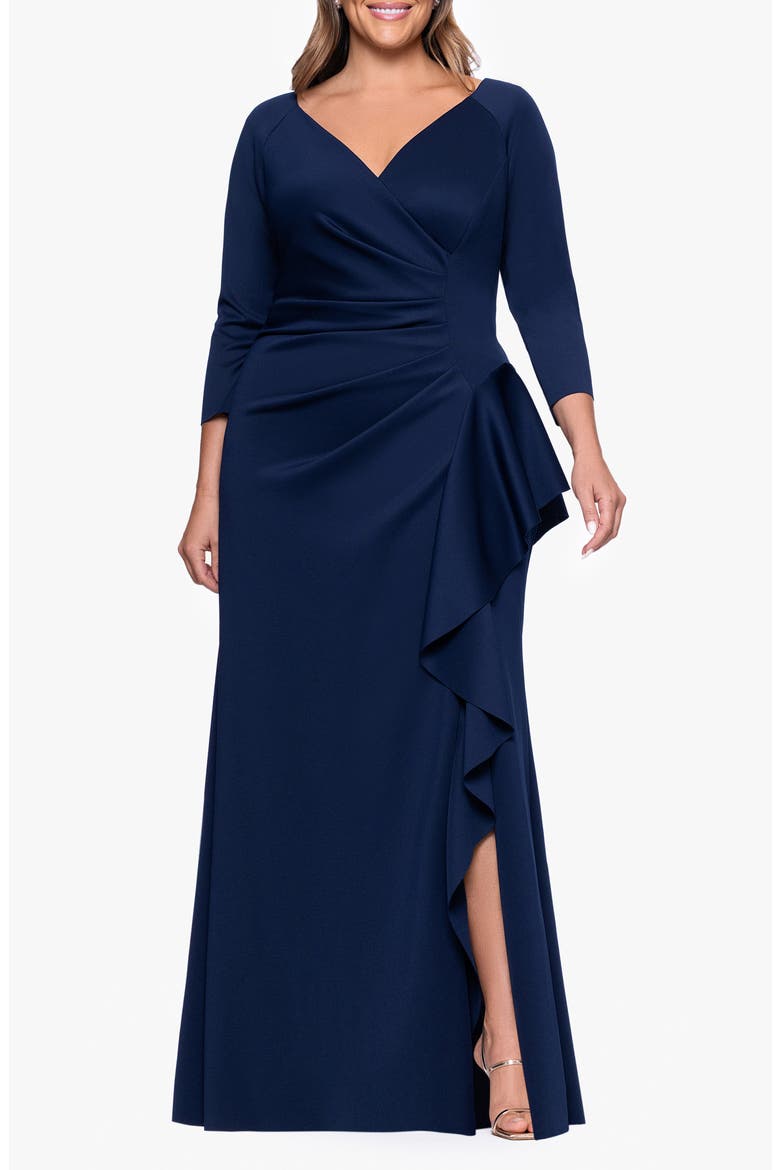 Ruched Scuba Knit Ruffle Gown, Main, color, MIDNIGHT