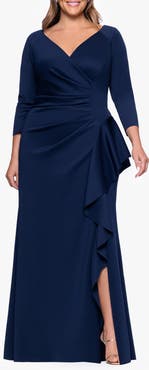 Xscape Evenings Ruched Scuba Knit Ruffle Gown