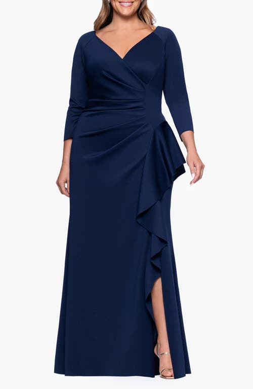 Xscape Evenings Ruched Scuba Knit Ruffle Gown