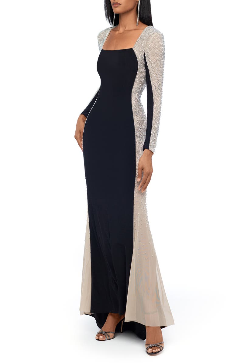 Xscape Evenings Crystal Contrast Long Sleeve Dress, Alternate, color, Black Nude Silver