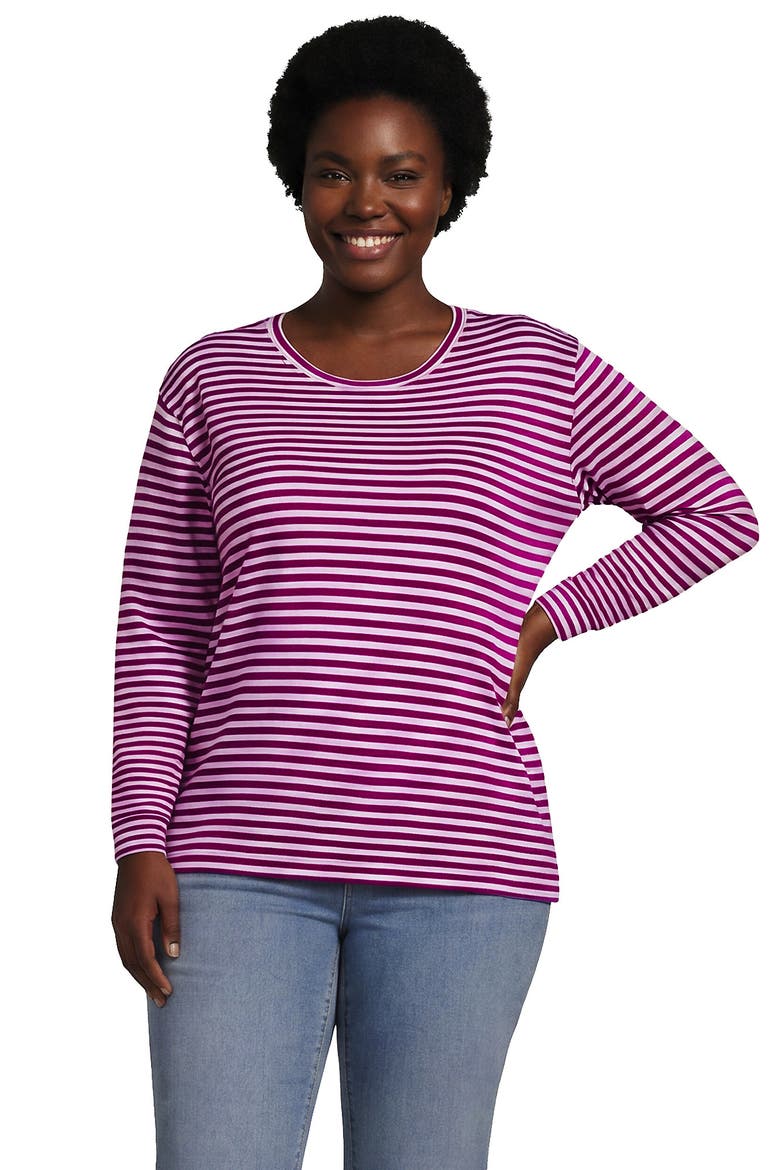 Plus Size Cotton Relaxed Long Sleeve Crew Neck, Main, color, Light Raspberry/Orchid Stripe
