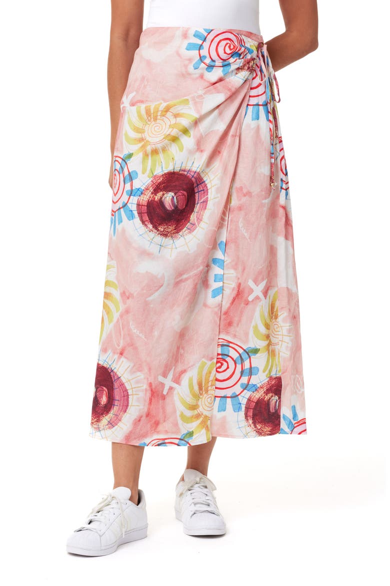 Print Stretch Linen Blend Midi Wrap Skirt, Main, color, ABSTRACT SUN PINK
