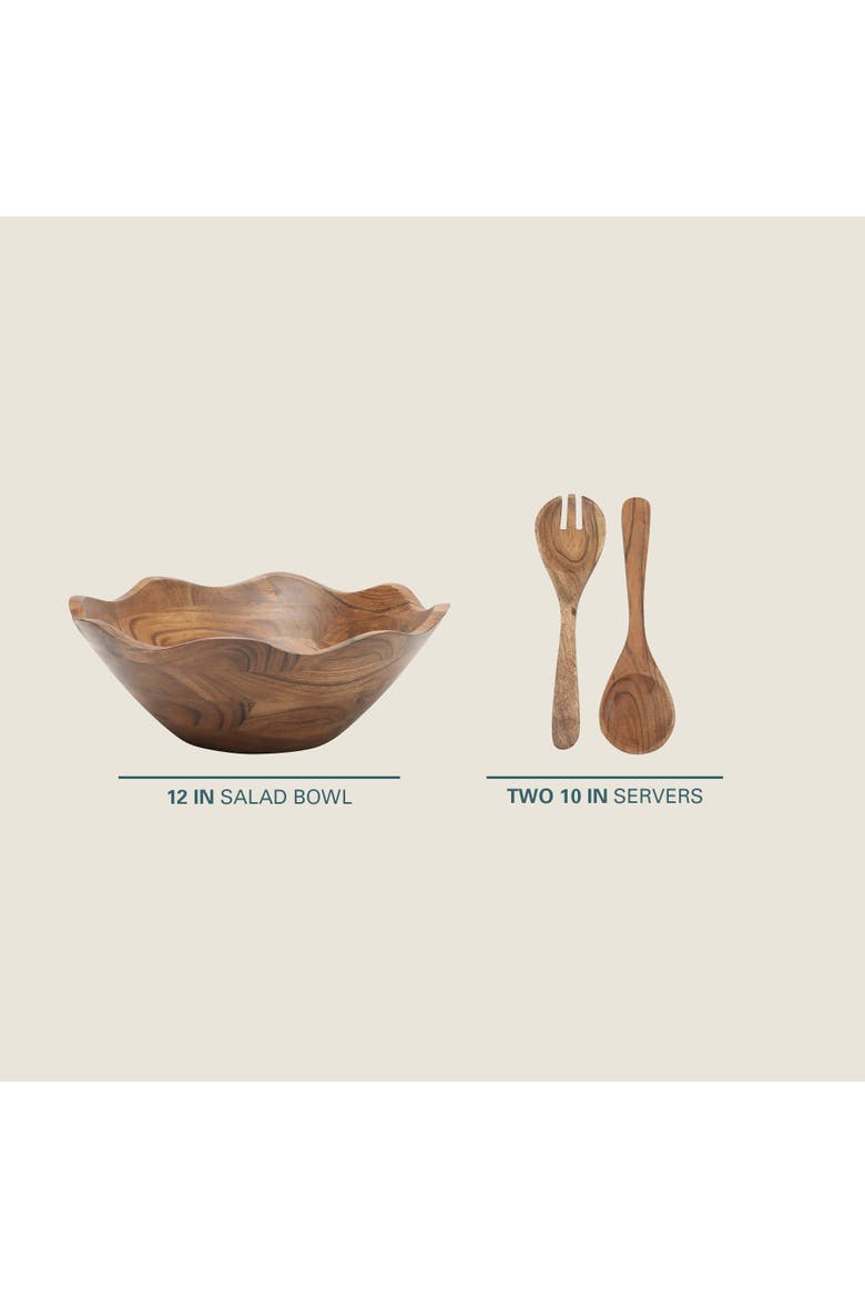 Sandhurst 3-Piece Scalloped Acacia Wood Salad Bowl Set, Alternate, color, Natural