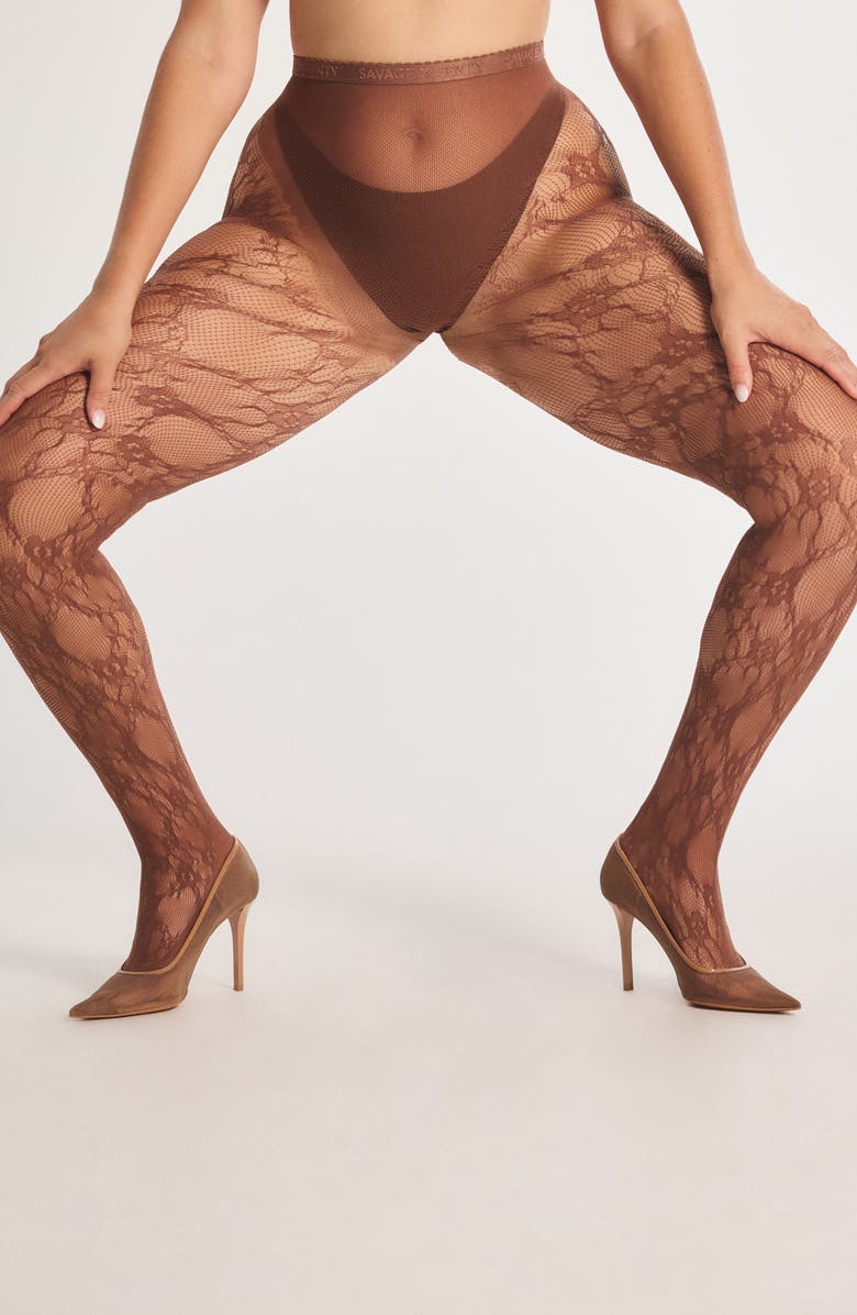 SAVAGE X FENTY Savage X Lace Floral Sheer Tights, Alternate, color, Brown Sugar Nude