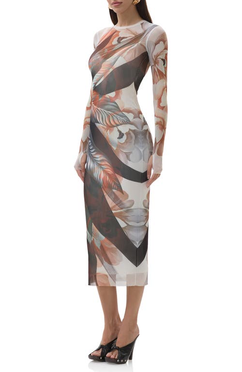 Afrm Ashland Print Long Sleeve Mesh Midi Dress In Multi