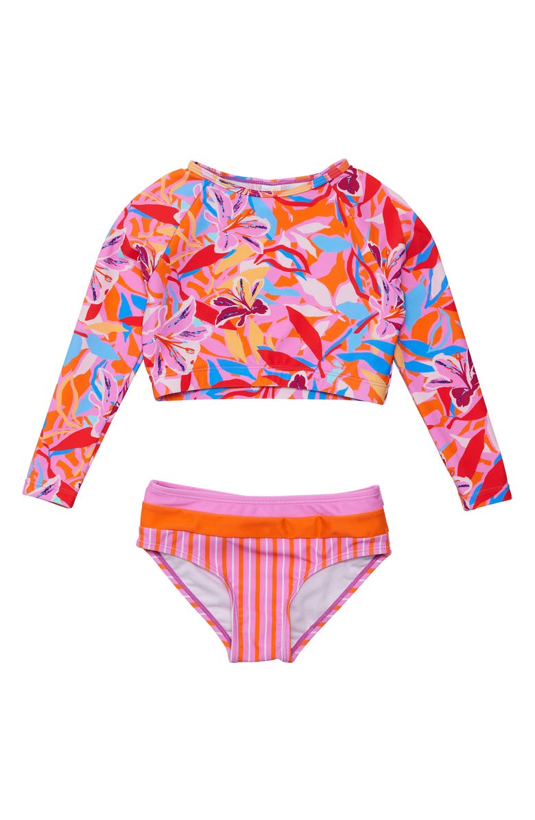 Snapper Rock Kids' Blooming Sunset Long Sleeve Two-Piece Rashguard Swimsuit, Main, color, 