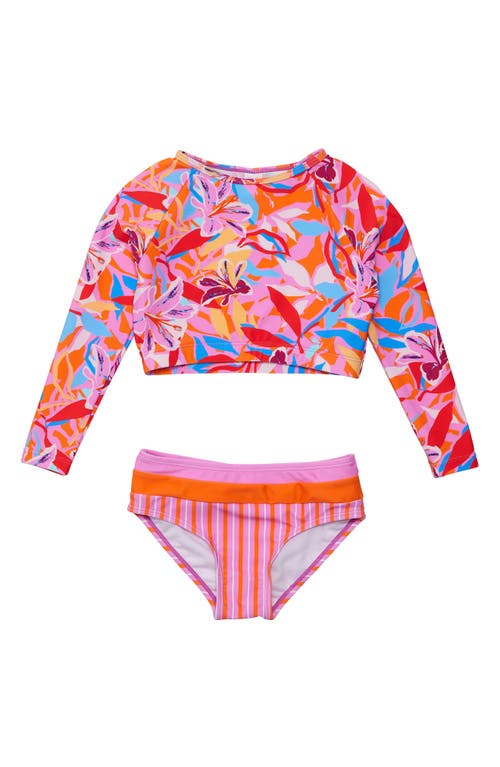 Snapper Rock Kids' Blooming Sunset Long Sleeve Two-Piece Rashguard Swimsuit in Pink 