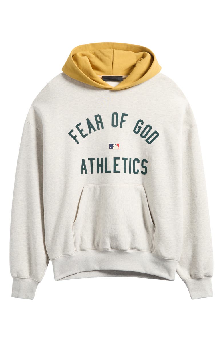 Fear of God Essentials MLB Athletics Sport Fit Cotton Graphic Hoodie, Alternate, color, Light Heather/ Yellow