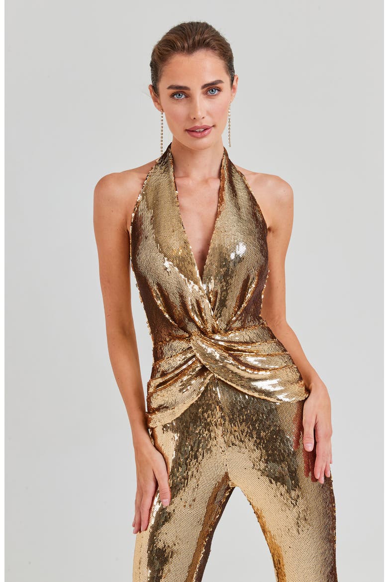 Tianna Sequin Halter Flare Jumpsuit, Alternate, color, GOLD