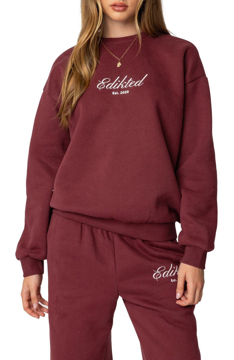 EDIKTED Get Edikted Relaxed Sweatshirt, Main, color, Burgundy