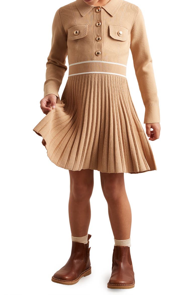 Kids' Sapna Pleated Sweater Shirtdress, Alternate, color, CAMEL