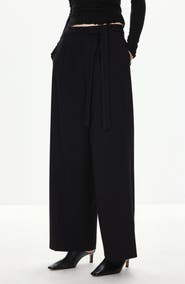 MANGO Tie Waist Pleated Wide Leg Pants