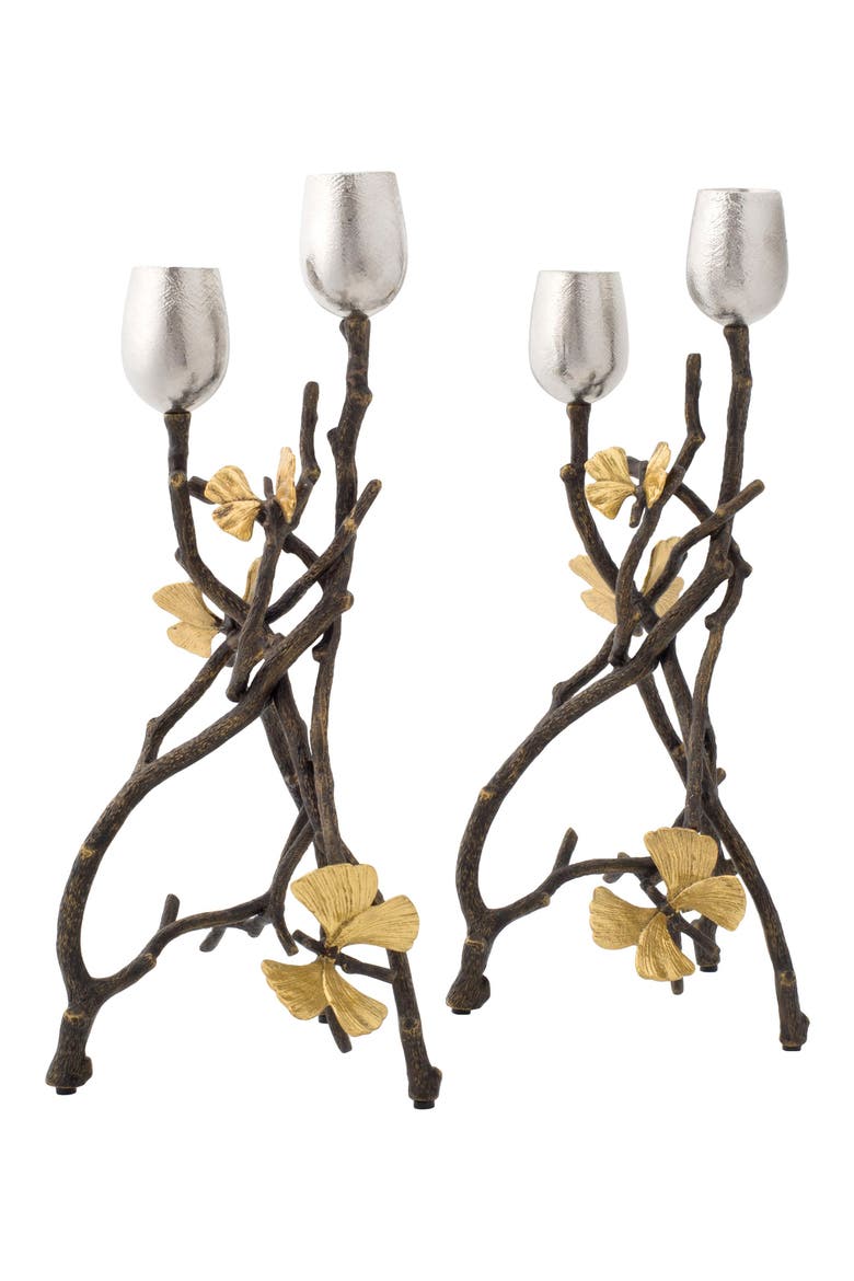 Butterfly Ginkgo Set of 2 Candleholders, Main, color, SILVER