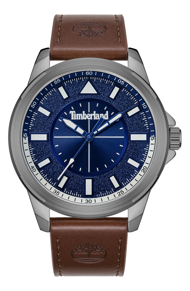 Timberland Classic Quartz Leather Strap Watch, 45.5mm, Main, color, Dark Brown/Blue
