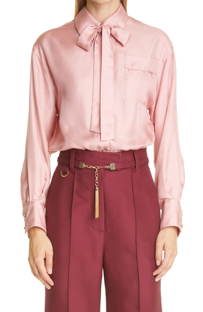 Zimmermann Concert Tie Neck Silk Twill Blouse, Main, color, 