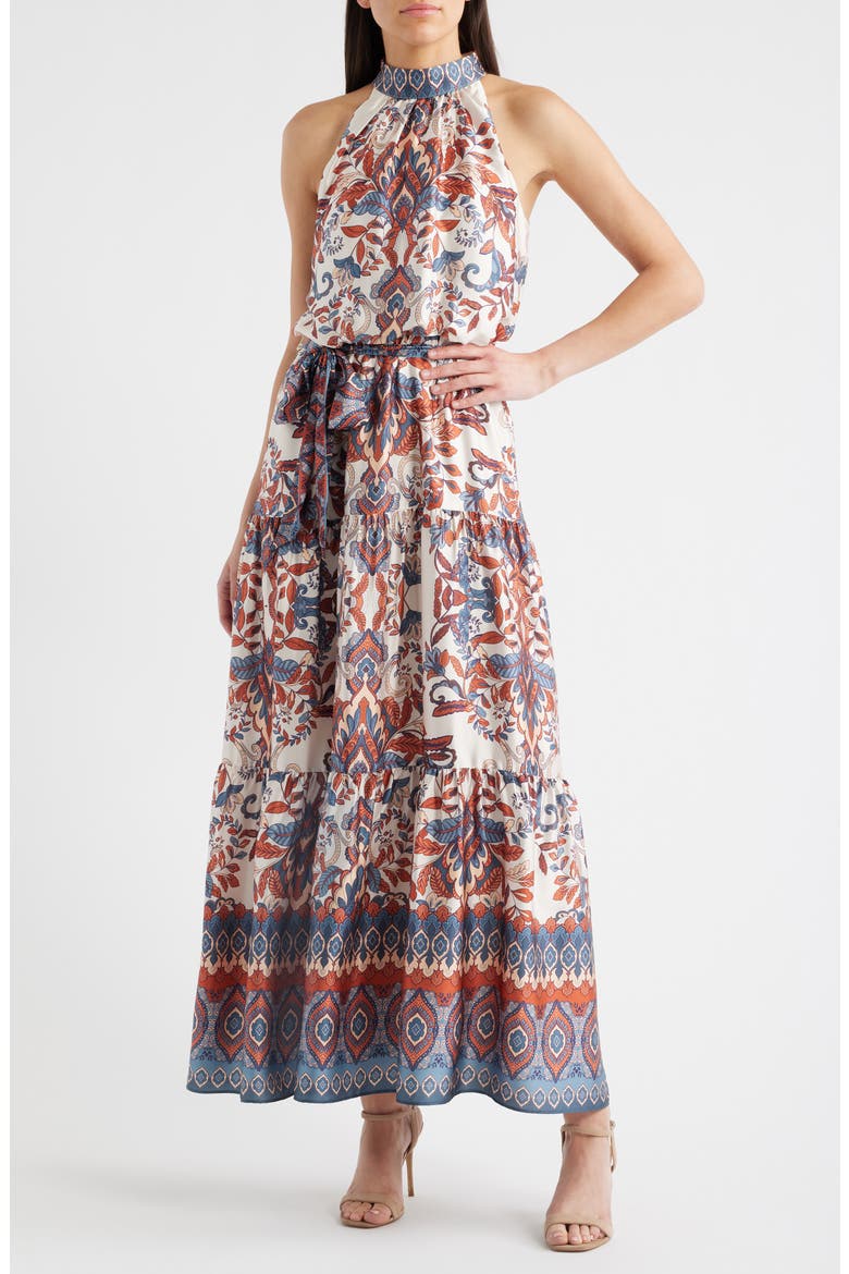Sleeveless Tiered Mock Neck Waist Tie Dress, Main, color, IVORY MULTI