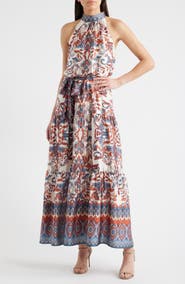 Julia Jordan Sleeveless Tiered Mock Neck Waist Tie Dress