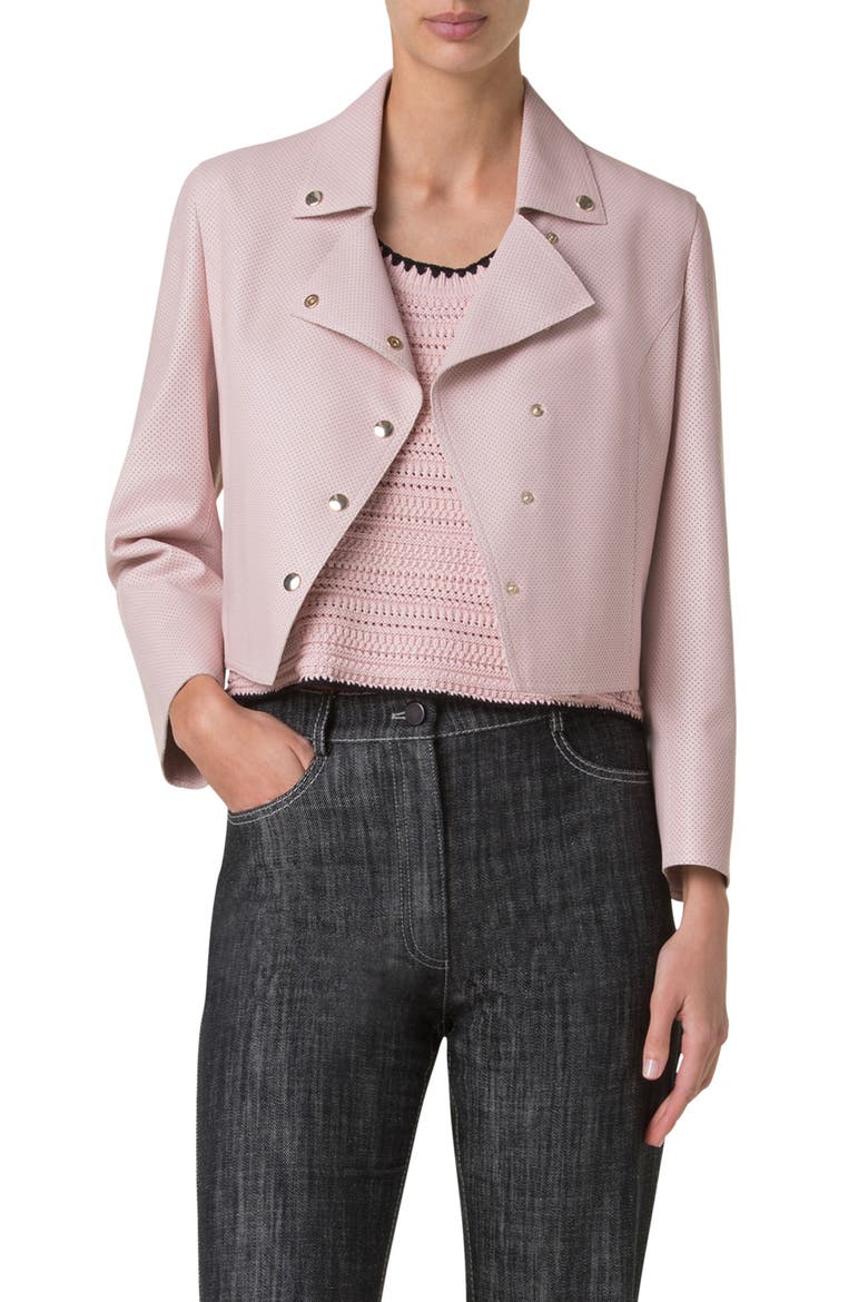 Pin Dot Lambskin Leather Snap Jacket, Main, color, ROSE