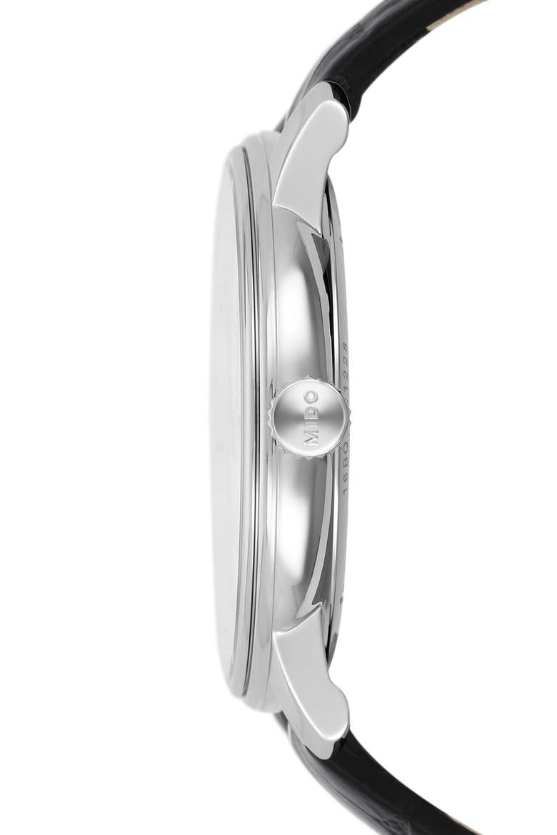 Baroncelli Heritage Automatic Leather Strap Watch, 39mm, Alternate, color, BLACK/ WHITE/ SILVER